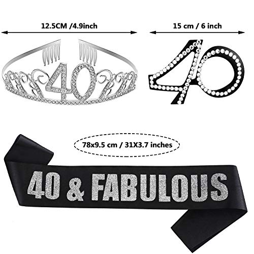Conjunto de 3 Accesorios de Cumpleaños Incluyes Corona Tiara de 40 Cumpleaños de Cristal, Banda de Satén de Purpurina Negro y Gafas de Cumpleaños de Marco de Cristal para Suministros de Cumpleaños