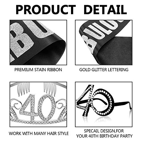Conjunto de 3 Accesorios de Cumpleaños Incluyes Corona Tiara de 40 Cumpleaños de Cristal, Banda de Satén de Purpurina Negro y Gafas de Cumpleaños de Marco de Cristal para Suministros de Cumpleaños