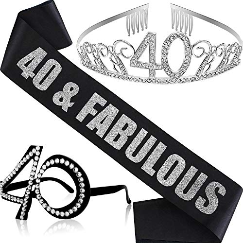 Conjunto de 3 Accesorios de Cumpleaños Incluyes Corona Tiara de 40 Cumpleaños de Cristal, Banda de Satén de Purpurina Negro y Gafas de Cumpleaños de Marco de Cristal para Suministros de Cumpleaños