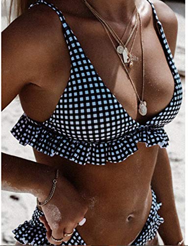 Conjunto de Bikini de Impresión a Cuadros con Volantes para Mujer Traje de Baño de Playa Acolchado Traje de Baño de Bikini de 2 Piezas