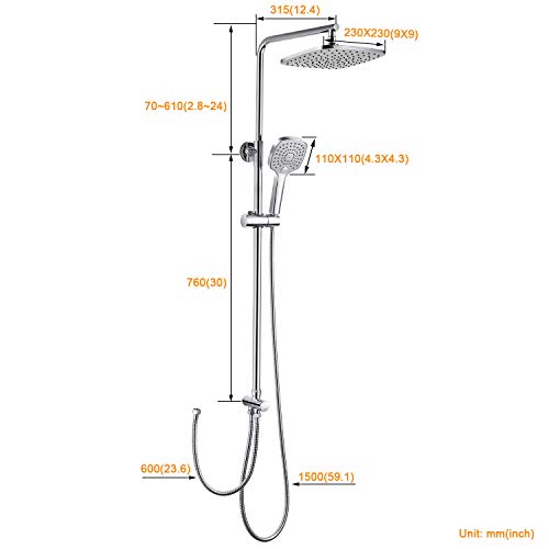 Conjunto de Ducha Cuadrado sin Grifo, WOOHSE Columna de Ducha con 3 Tipos de Chorro Ducha de Mano Sistema de Ducha con Barra de Ducha Ajustable Grifería de Ducha Cromada para Cuarto de Baño