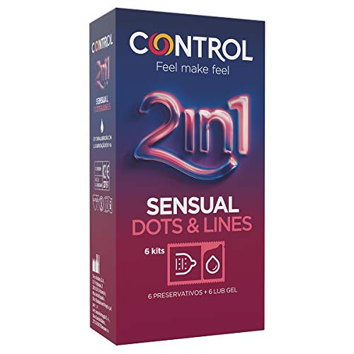 Control Preservativo 2 In 1 Touch&Feel - Caja de 6 preservativos con puntos y estrías + lubricante en dosis, lubricados, perfecta adaptabilidad, sexo seguro, 6 ud