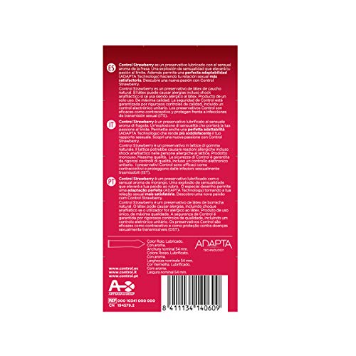Control Preservativos Strawberry - Caja de condones con aroma y sabor a fresa, lubricados de color rojo, perfecta adaptabilidad, sexo seguro, 12 unidades