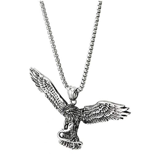 COOLSTEELANDBEYOND Vintage águila Volando Agarrando Serpiente Colgante, Collar de Hombre Mujer, Acero Inoxidable, Cadena de Trigo 75CM