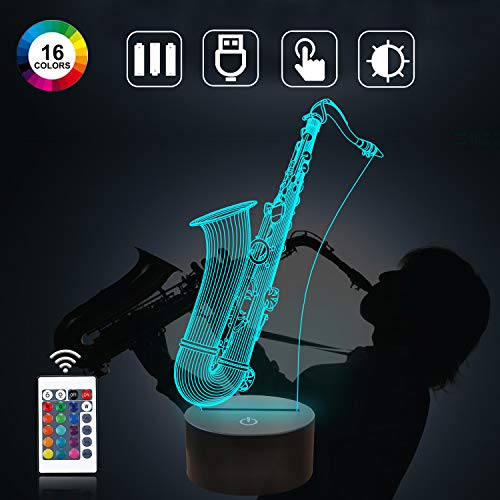 Coopark Illusion Night Light 3d lámpara Saxofón, Dimmable 16 cambio de color Smart Touch, Magic Saxophone Table Light Decoración Decoración Regalo para amantes de la música Niños Hombres