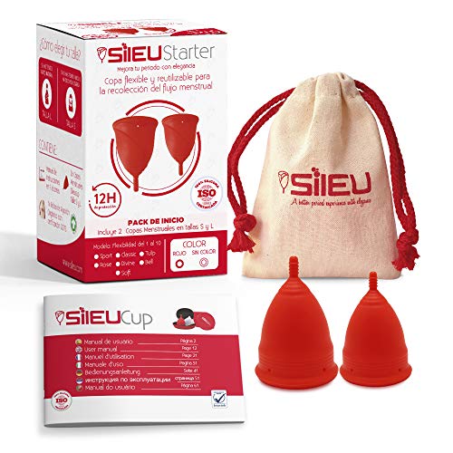 Copa Menstrual Sileu Cup Soft - Ayuda prevenir infecciones urinarias, cistitis, vejigas sensibles, calambres, cólicos menstruales - Disminuye dolor causado por menstruación - Talla S + L, Rojo