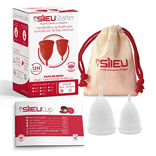 Copa Menstrual Sileu Cup Soft - Ayuda prevenir infecciones urinarias, cistitis, vejigas sensibles, calambres, cólicos menstruales - Disminuye dolor causado por menstruación - Talla S + L, Transparente