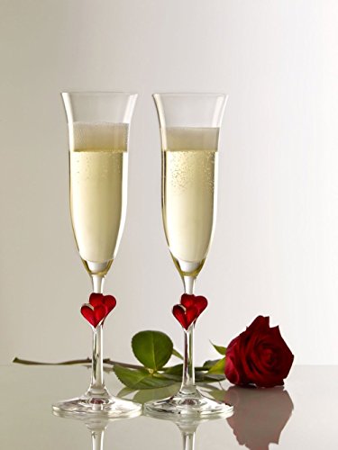Copas para vino espumoso L´Amour de Stölzle Lausitz con corazones rojos, de 175 ml, juego de 2, aptas para lavavajillas: Romántico dúo de copas para disfrutar en pareja del vino espumoso