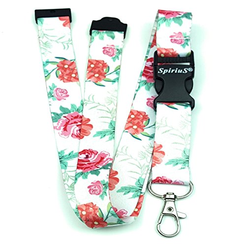 Cordon de cou Spirius avec motifs floraux pour transporter les téléphones portables, cartes d’identités et clés Flowers in White