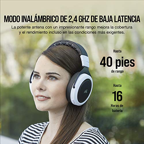 Corsair HS70, Auriculares Inalámbricos para Juegos (Sonido Envolvente 7.1, con Micrófono Desmontable, para PC/PS4), Inalámbrico, Blanco