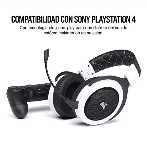 Corsair HS70, Auriculares Inalámbricos para Juegos (Sonido Envolvente 7.1, con Micrófono Desmontable, para PC/PS4), Inalámbrico, Blanco