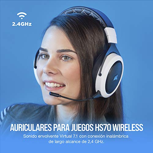 Corsair HS70, Auriculares Inalámbricos para Juegos (Sonido Envolvente 7.1, con Micrófono Desmontable, para PC/PS4), Inalámbrico, Blanco