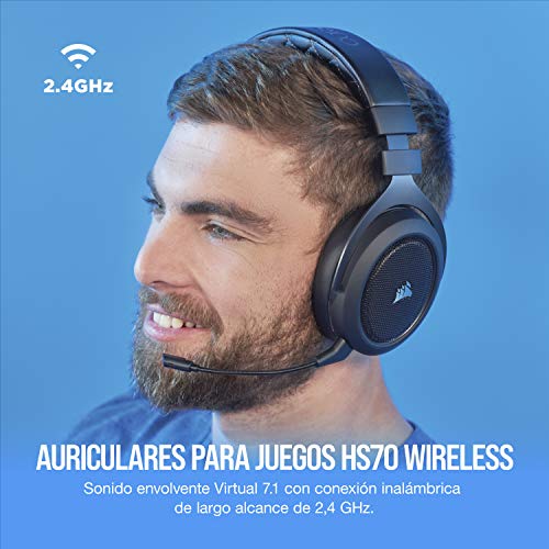 Corsair HS70 Wireless - Auriculares inalámbricos para juegos (sonido envolvente 7.1, con micrófono desmontable, para PC/PS4), Negro