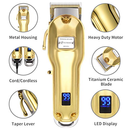 Cortapelos Profesional Hombres, BESTBOMG Máquina Cortar Pelo Kit Cuchilla de Titanio y Cerámica 4 Peine-guía, Cortadora de Pelo Batería Recargable de Litio 2500mAh Carcasa de metal completo (Dorado)