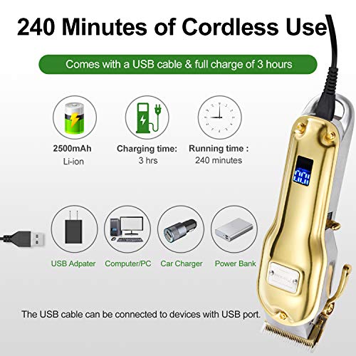 Cortapelos Profesional Hombres, BESTBOMG Máquina Cortar Pelo Kit Cuchilla de Titanio y Cerámica 4 Peine-guía, Cortadora de Pelo Batería Recargable de Litio 2500mAh Carcasa de metal completo (Dorado)