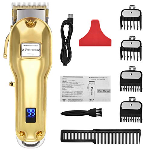 Cortapelos Profesional Hombres, BESTBOMG Máquina Cortar Pelo Kit Cuchilla de Titanio y Cerámica 4 Peine-guía, Cortadora de Pelo Batería Recargable de Litio 2500mAh Carcasa de metal completo (Dorado)