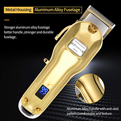 Cortapelos Profesional Hombres, BESTBOMG Máquina Cortar Pelo Kit Cuchilla de Titanio y Cerámica 4 Peine-guía, Cortadora de Pelo Batería Recargable de Litio 2500mAh Carcasa de metal completo (Dorado)