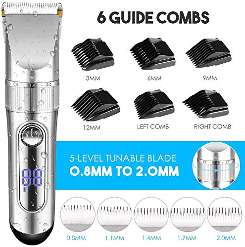 Cortapelos, TOPQSC Pantalla LED recargable inalámbrica con 6 peines guía. Potente kit de barba y cortador impermeable para hombres Pro Motor