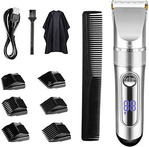 Cortapelos, TOPQSC Pantalla LED recargable inalámbrica con 6 peines guía. Potente kit de barba y cortador impermeable para hombres Pro Motor