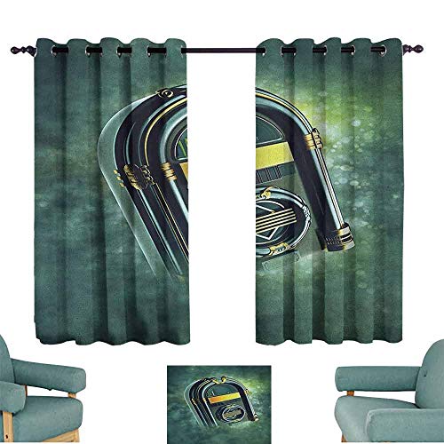 Cortina aislada de sombreado para jukebox abstracto grunge antiguo caja de música sobre fondo borroso impresión térmica pestaña posterior de 120 x 72 L pulgadas bosque verde, amarillo y blanco