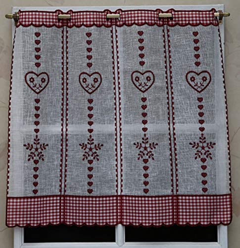 Cortina Brise Bise Etamina Natural y Vichy Rojo Bordado, 57 cm de Alto y 95 cm de Ancho, Ref. 3206V.9557BO