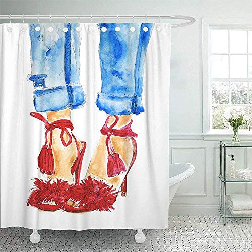 Cortinas de baño, Fabric Shower Curtain with Hooks Red Shoes and Blue Jeans on Woman Legs Sexy Girl Watercolor Sket Raster Drawing Decorative Bathroom Treated to Resist Deterioration by Mildew