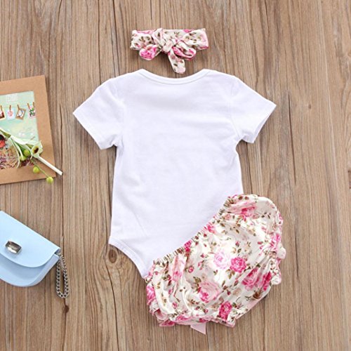 Counjunto de Ropa bebé niña Verano Recién Nacido bebé niñas Carta Floral Monos Verano Mameluco Tops y Pantalones Cortos Ropa Conjunto (Blanco, Tamaño:0-3Mes)