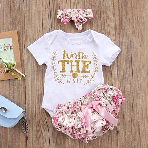 Counjunto de Ropa bebé niña Verano Recién Nacido bebé niñas Carta Floral Monos Verano Mameluco Tops y Pantalones Cortos Ropa Conjunto (Blanco, Tamaño:0-3Mes)