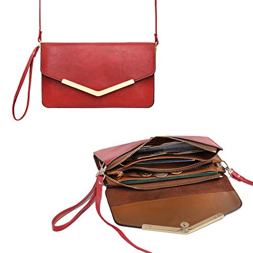 CRAZYCHIC - Bolso sobre Mujer - Cartera de Mano Grande Señora - Billetera Monedero Fiesta - Clutch Embrague Noche Cuero Piel PU - Bolso Bandolera Cruzado - Titular de la Tarjeta Moda - Rojo