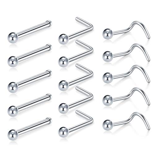 Crdifu 15pcs Tornillo de Nariz de Acero Inoxidable Espárrago Espárrago Hueso en Forma de L 18 Gauge Plata con Bola Perforación Plana Joyería