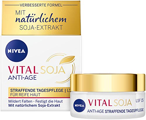 Crema de día Nivea Vital Soja con protección solar 15 (50 ml), fórmula reafirmante con extracto de soja natural, cuidado hidratante para arrugas atenuadas