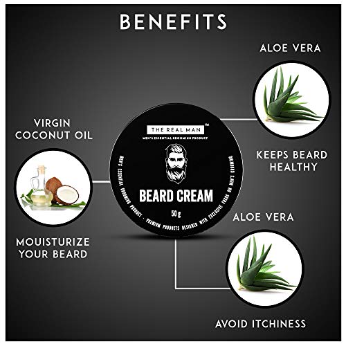 Crema hidratante para barba The Real Man, 50 g. Con extracto de aloe vera y aceite de coco virgen. PAQUETE DE 1 UNIDAD.