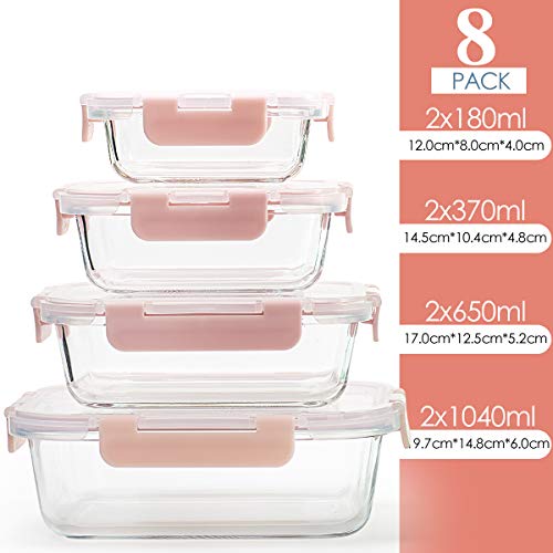 CREST Juego de 8 Recipiente - Contenedor de Almacenamiento de Alimentos de Vidrio - 16 Piezas (8 envases + 8 Tapas), para Preparar Alimentos - Sin BPA