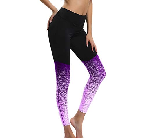 CrisKat Mallas de Deporte Tiro Alto Mujer Leggings Mujer Pantalón Deportivo Estampado Floral largos de Gym Fitness Running Ejercicio para mujer (#Negro/Morado, S)