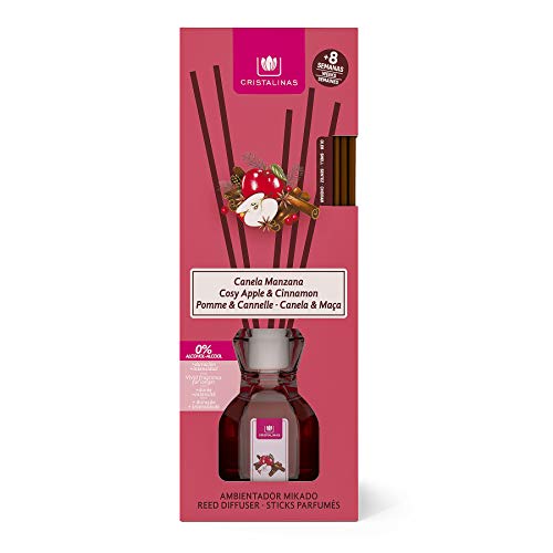 CRISTALINAS Ambientador Mikado 40 ml. Mas de 8 semanas de duracion, 0% Alcohol. Aroma: Canela y Manzana