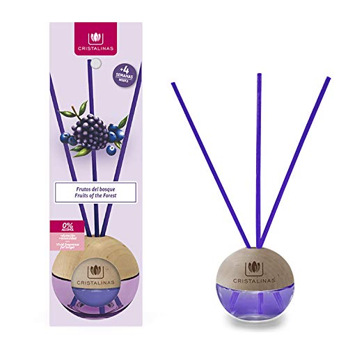 CRISTALINAS Ambientador Mikado en Esfera. Mas de 4 semanas de duración. 20ml. Varillas de Ratan. Aroma (Frutas dle Bosque)