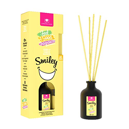 CRISTALINAS. Ambientador Mikado Feel Good Fragance. 0% Alcohol.Mas de 4 semanas de duración. 40ml. Aroma Smiley Vainilla