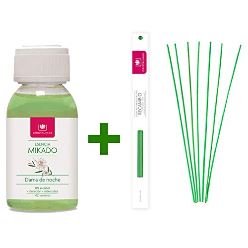 CRISTALINAS. Pack Recambio Natural Wood + Varillas Ratan. 0% Alcohol. Mas de 12 semanas de duración. 100ml. Aroma (Dama de Noche, 100 ml + Pack Varillas)