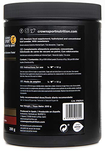 Crown Sport Nutrition 100% All Beef, Concentrado proteico de carne de vacuno con Hierro Hemo, B12, B6 entre las 20 vitaminas y minerales de forma natural, Sabor de Vainilla - 200 g