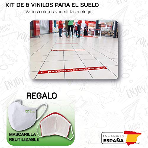 CUAC REVOLUTION Kit 5 Pegatinas Vinilo Suelo Antideslizantes para Distancia Seguridad (600X53BL) Blanco Y Rojo Regalo DE UNA MASCARILLA HIGIENICA por Cada Compra