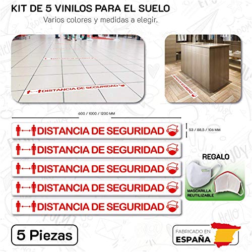 CUAC REVOLUTION Kit 5 Pegatinas Vinilo Suelo Antideslizantes para Distancia Seguridad (600X53BL) Blanco Y Rojo Regalo DE UNA MASCARILLA HIGIENICA por Cada Compra
