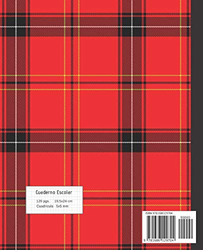 CUADERNO ESCOLAR: Bonito cuaderno de hoja cuadriculada DIAMOND |  Tamaño especial para la mochila o cartera del colegio  | 120 páginas de Papel ... | Patrón falda escocesa. Cuadros rojos.