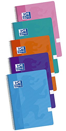 Cuadernos Folio(A4) Oxford. Pack 5 unidades. Tapa Plástico. 80 Hojas cuadrícula 4x4. Surtido colores tendencia.
