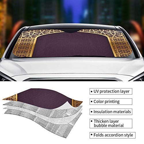 Cubierta de la sombrilla del parabrisas del coche Fondo de Ramadán con ventana en arcos de mezquita Se adapta a la mayoría de los bloques de automóviles Luz UV y rayos solares Tamaño 140 * 76 cm