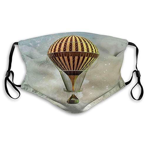 Cubierta para la Boca, Bufanda de carbón Activado, Globo aerostático Fantasy World Que se eleva en el Cielo Nocturno Lleno de Estrellas, Estampado temático, Decoraciones faciales para Adultos