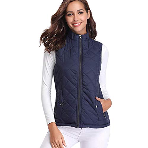 Cuello de Color sólido sin Mangas del Bolsillo del Color sólido sin Mangas del Invierno de Las Mujeres Chaqueta del Chaleco del Zip Delgado riou