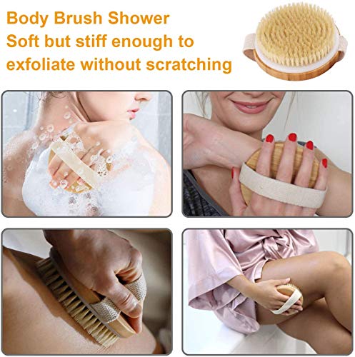 Cuerpo Cepillo, Cepillo de Baño, Cepillo Espalda Ducha Cepillo Cerdas Naturales Madera de Bambú Cepillos Corporales Redondos para Cepillar Exfoliante Estimula la Circulación Sanguínea