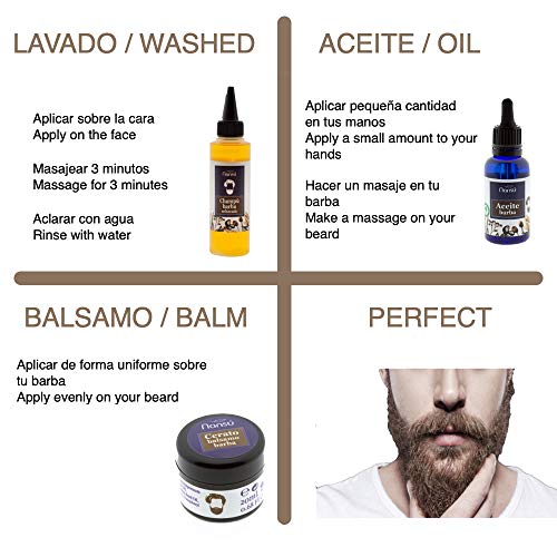 Cuidado Barba bigote Hombre Pack Premium: Aceite serum suavizante + Champú barba acondicionador + cera balsamo. 3 EN 1 Kit de productos Ecológicos hidratantes.