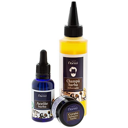 Cuidado Barba bigote Hombre Pack Premium: Aceite serum suavizante + Champú barba acondicionador + cera balsamo. 3 EN 1 Kit de productos Ecológicos hidratantes.