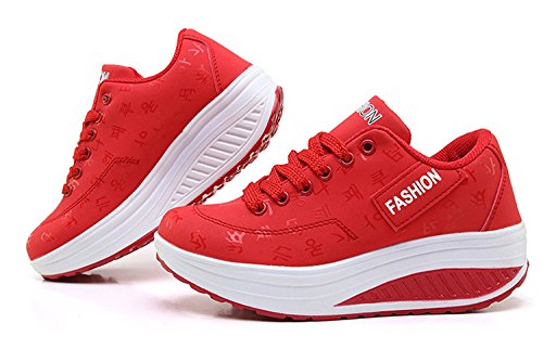 Cuña Plataforma Aptitud Zapatos Mujer Zapatillas de Deporte Casual Correr Sneaker,Rojo,EU39=CN40